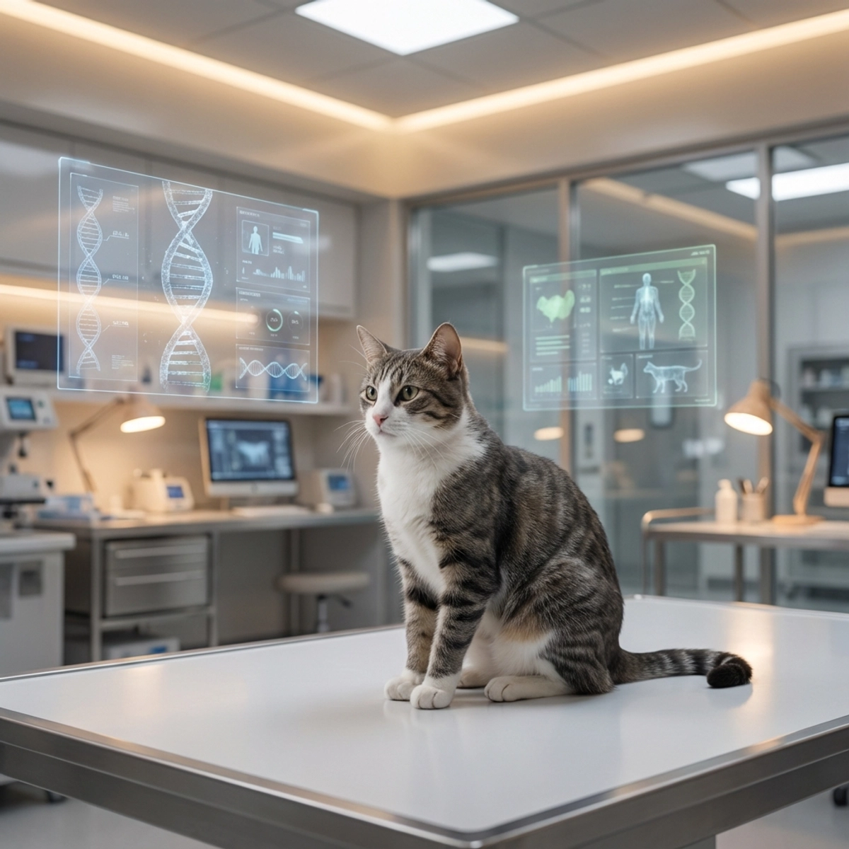 A futuristic veterinary lab with a sleek cat and holographic DNA displays