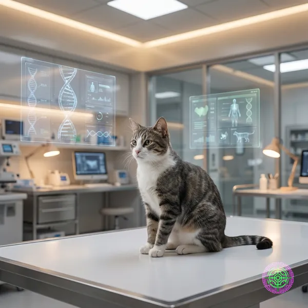 A futuristic veterinary lab with a sleek cat and holographic DNA displays