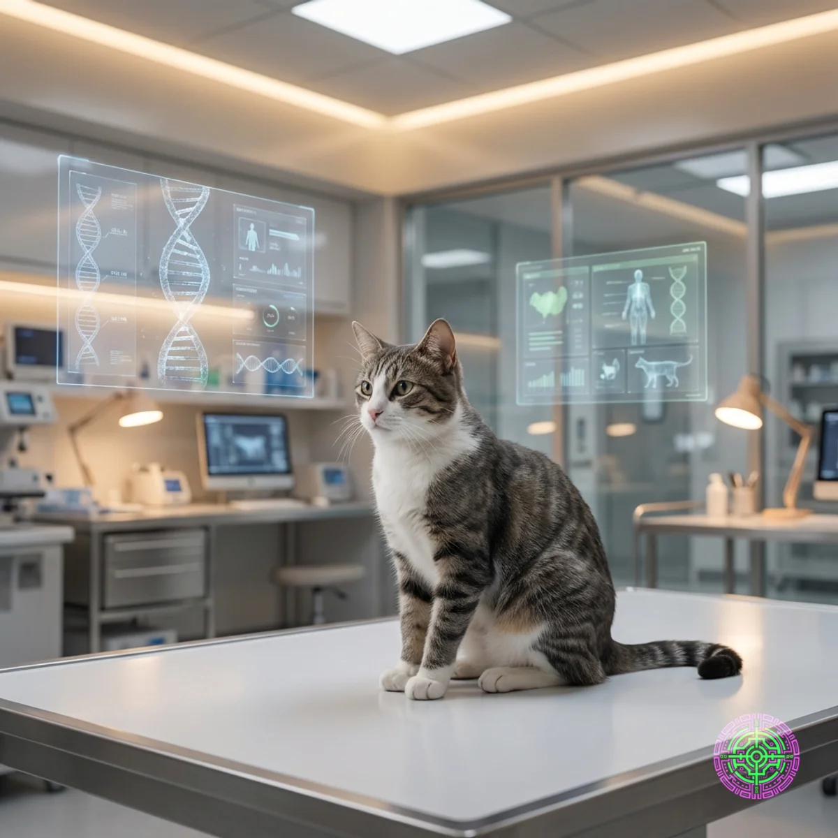 A futuristic veterinary lab with a sleek cat and holographic DNA displays