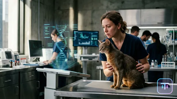 Ein futuristisches Veterinärlabor mit einer eleganten Katze und holographischen DNA-Anzeigen