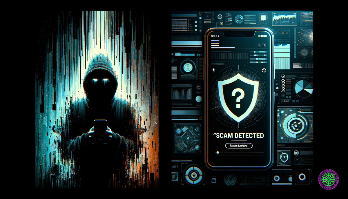 Visualización en pantalla dividida: el lado izquierdo muestra una silueta oscura y defectuosa de un hacker/estafador en un teléfono. El lado derecho muestra una interfaz limpia y brillante de Google Pixel con un icono de escudo 'Estafa detectada'.