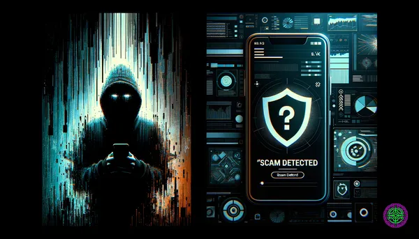 Split screen visualization: Left side shows a dark, glitchy silhouette of a hacker/scammer on a phone. Right side shows a clean, bright Google Pixel interface with a 'Scam Detected' shield icon.