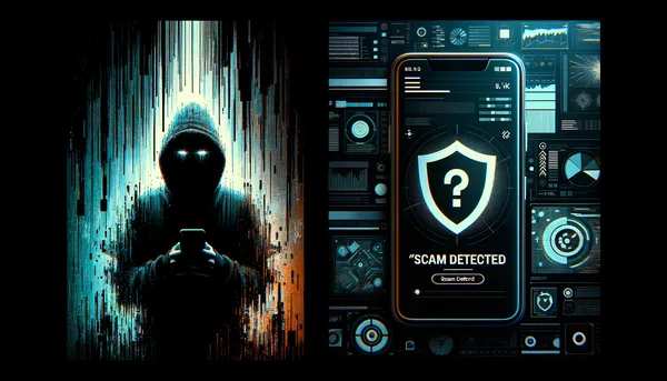 Split screen visualization: Left side shows a dark, glitchy silhouette of a hacker/scammer on a phone. Right side shows a clean, bright Google Pixel interface with a 'Scam Detected' shield icon.
