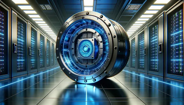 A futuristic, impenetrable digital vault floating in a server room, glowing with secure blue light. Inside the vault, a Google Tensor chip is processing data.