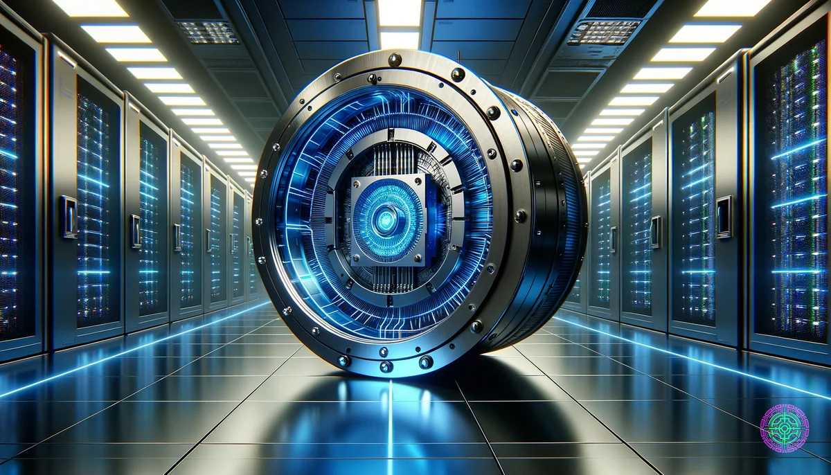 Una bóveda digital futurista e impenetrable que flota en una sala de servidores, brillando con una luz azul segura. Dentro de la bóveda, un chip Google Tensor está procesando datos.