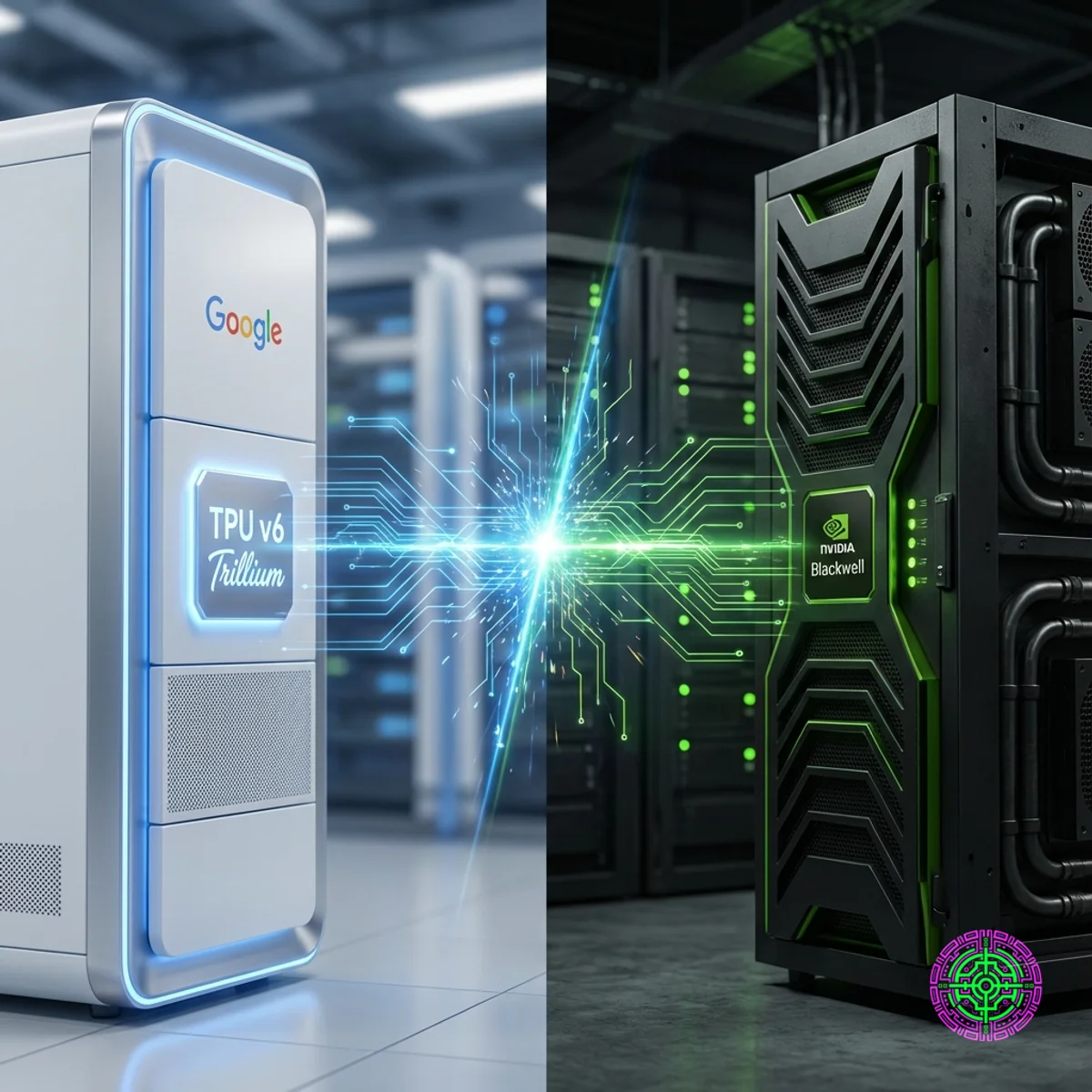 왼쪽에는 Google TPU 서버 랙, 오른쪽에는 Nvidia Blackwell 랙을 보여주는 분할 화면