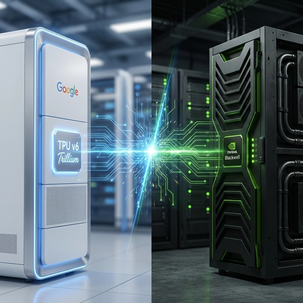 Split screen showing Google TPU server rack on left and Nvidia Blackwell rack on right