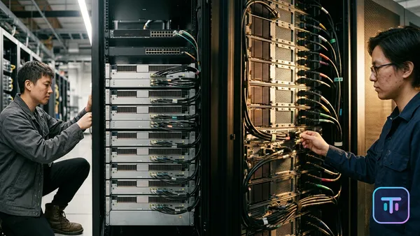 Geteilter Bildschirm mit Google TPU-Server-Rack links und Nvidia Blackwell-Rack rechts