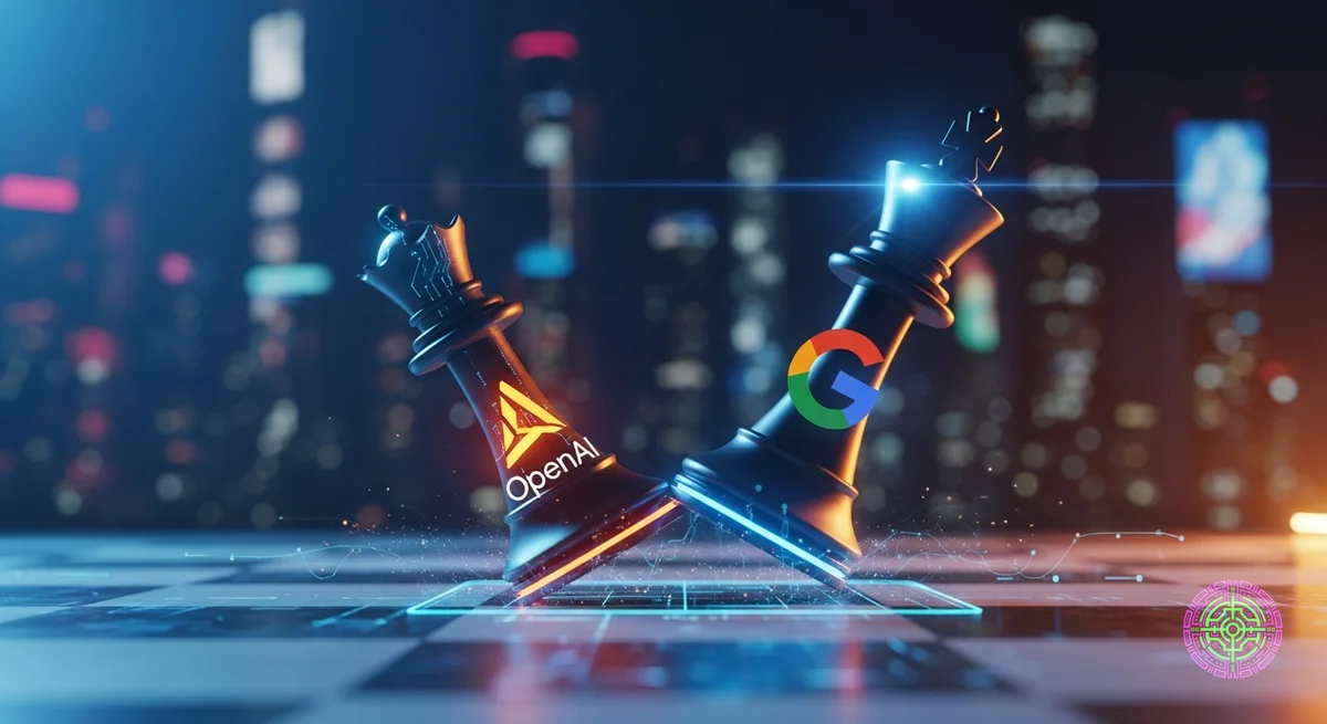 미래 지향적인 디지털 보드에서 Google 테마의 체스 조각이 OpenAI 테마의 체스 조각을 쓰러뜨리는 극적이고 하이테크적인 그림입니다.
