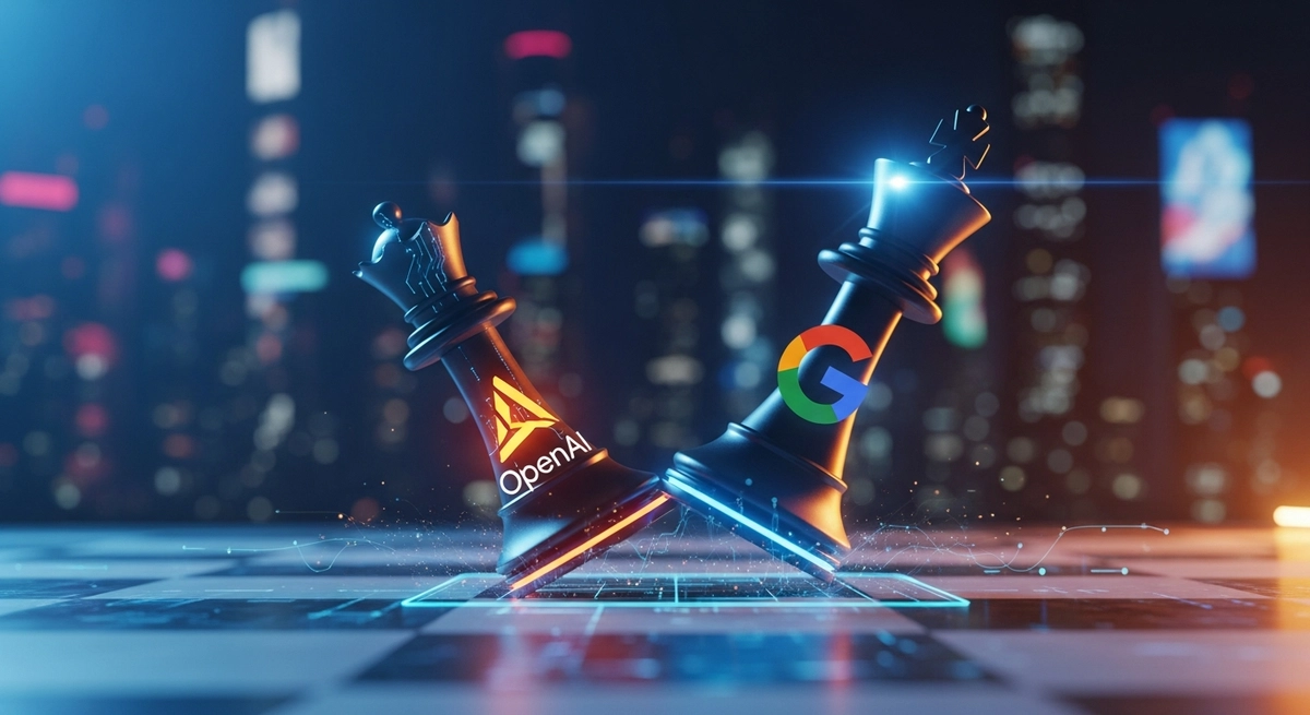 Eine dramatische, hochtechnologische Illustration einer Schachfigur im Google-Design, die eine Schachfigur im OpenAI-Design auf einem futuristischen digitalen Brett umstößt.