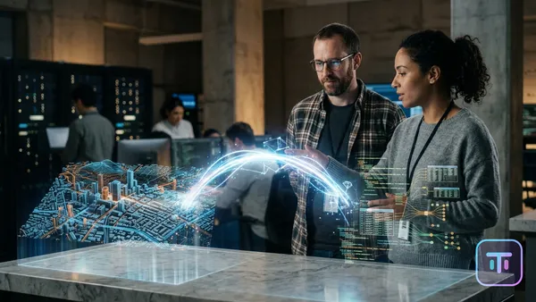 A futuristic visualization of Google Maps and BigQuery connecting via a glowing Model Context Protocol bridge.