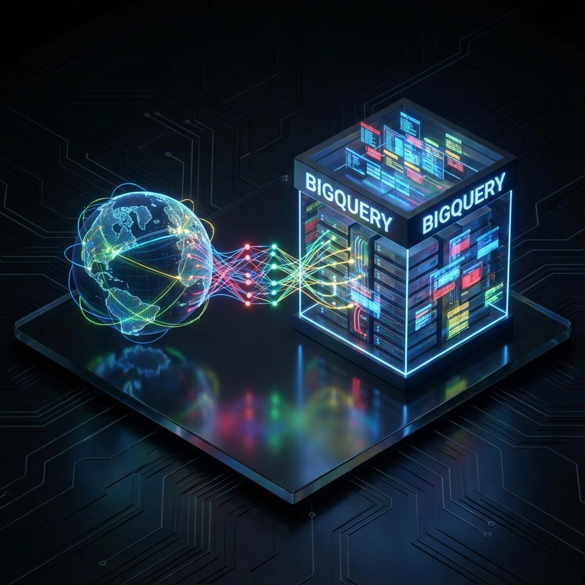 A futuristic visualization of Google Maps and BigQuery connecting via a glowing Model Context Protocol bridge.