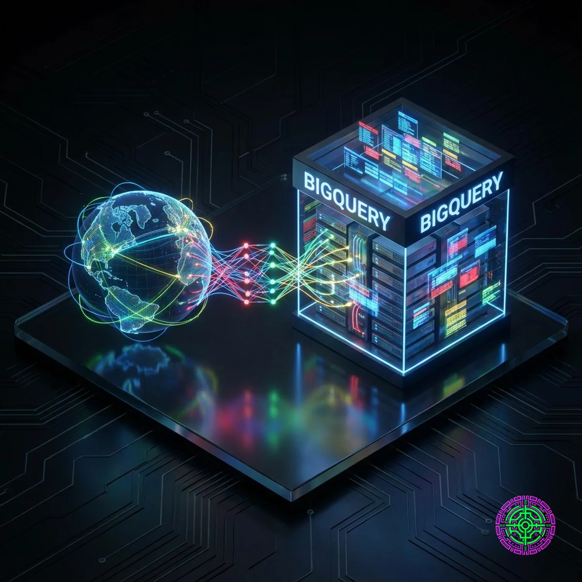 A futuristic visualization of Google Maps and BigQuery connecting via a glowing Model Context Protocol bridge.