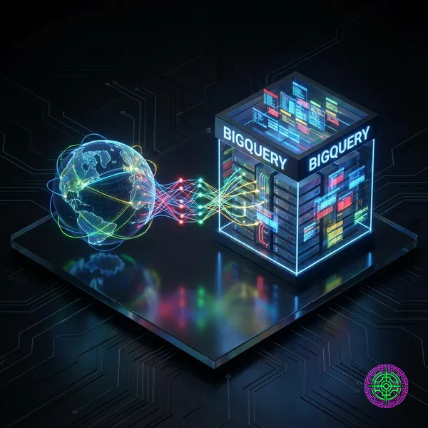 A futuristic visualization of Google Maps and BigQuery connecting via a glowing Model Context Protocol bridge.