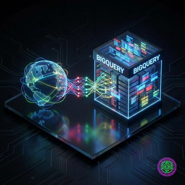 A futuristic visualization of Google Maps and BigQuery connecting via a glowing Model Context Protocol bridge.