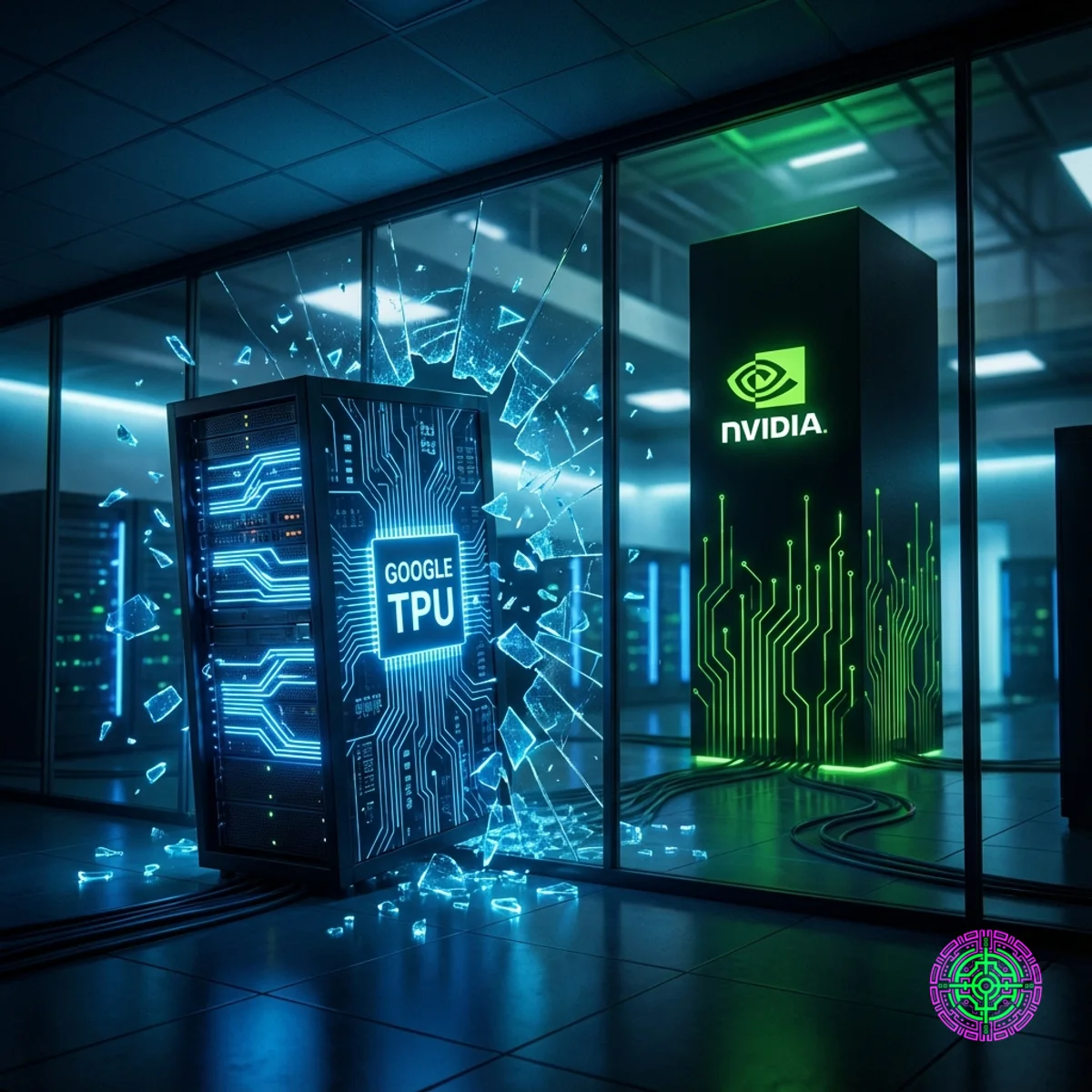 Racks de TPU do Google azuis brilhantes saindo de uma parede de vidro para desafiar um monólito verde da Nvidia