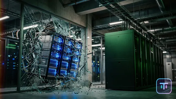 Des racks de TPU Google bleus et brillants sortant d'un mur de verre pour défier un monolithe Nvidia vert