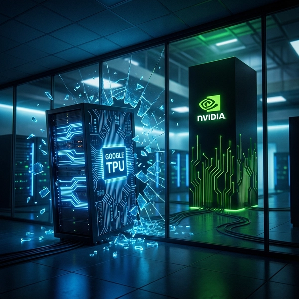Blue glowing Google TPU racks breaking out of a glass wall to challenge a green Nvidia monolith