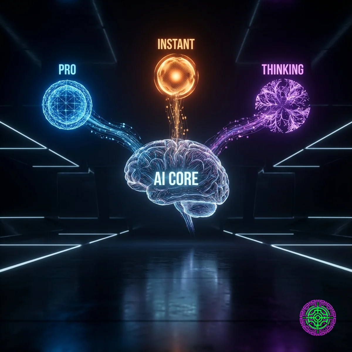 Visualización de tres nodos de modelos de IA (Pro, Instant y Thinking) que convergen en un cerebro digital central.