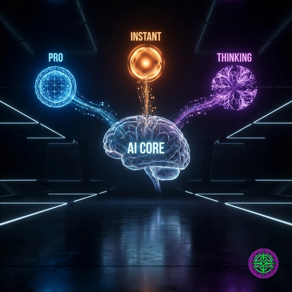 Visualization of three AI model nodes—Pro, Instant, and Thinking—converging into a central digital brain.