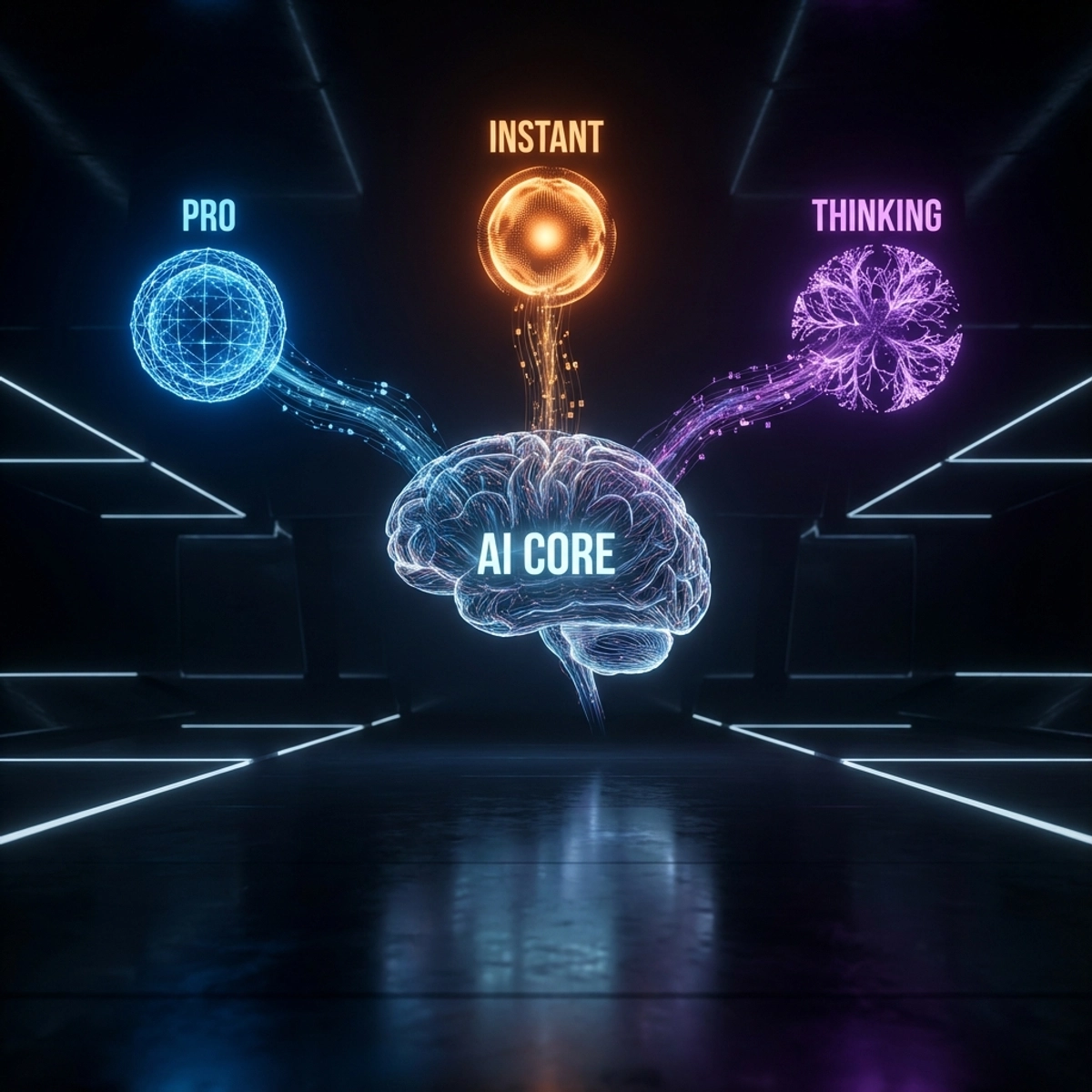 三个AI模型节点（Pro、Instant和Thinking）汇聚成一个中央数字大脑的可视化。