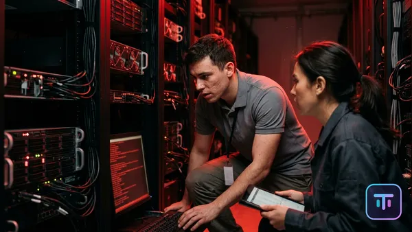 OpenAI Serverraum im Alarmzustand mit roter Notbeleuchtung