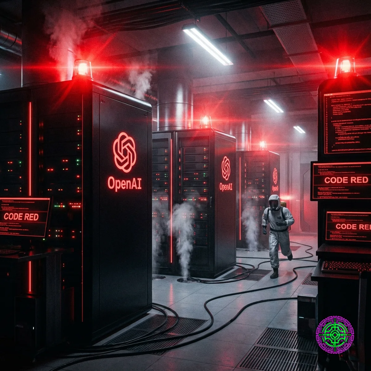 Salle des serveurs d'OpenAI en état d'alerte rouge avec éclairage d'urgence rouge