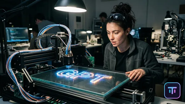 A futuristic digital printing press merging with a neural network, printing glowing letters 'GPT' on a glass surface.
