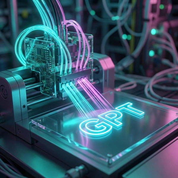 A futuristic digital printing press merging with a neural network, printing glowing letters 'GPT' on a glass surface.