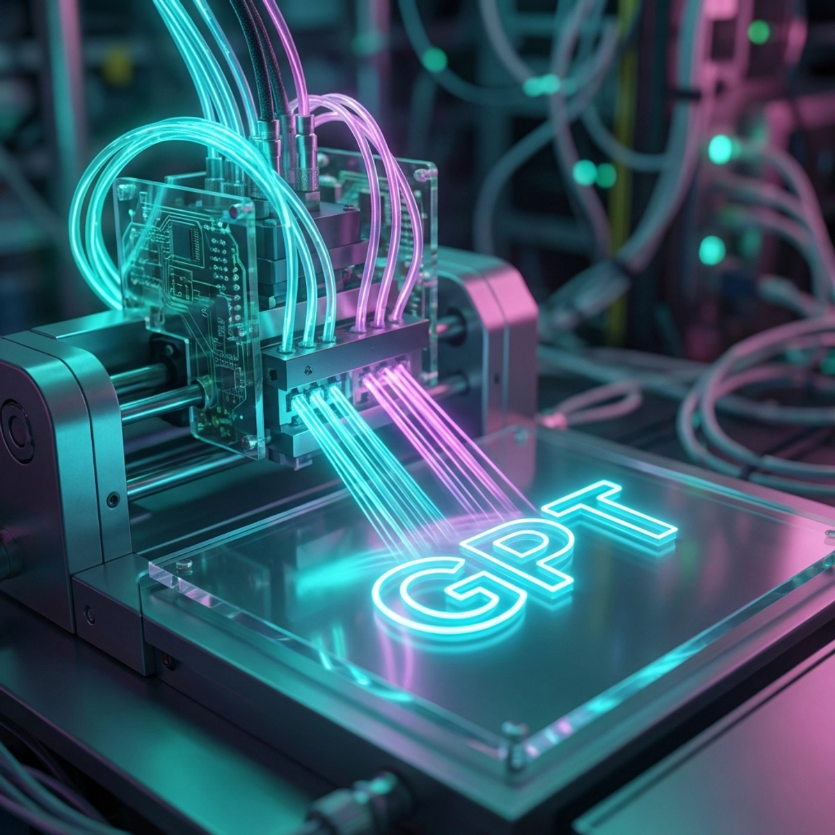 Une presse à imprimer numérique futuriste fusionnant avec un réseau neuronal, imprimant des lettres brillantes 'GPT' sur une surface en verre.
