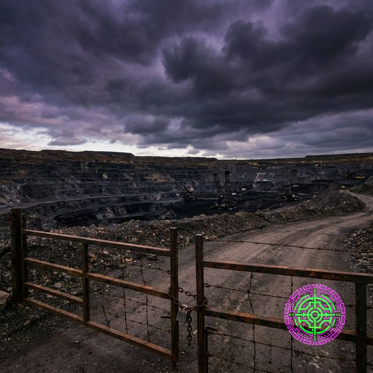 A dark, menacing open-pit graphite mine blocked by a rusted iron gate and barbed wire, symbolizing the new trade barrier.