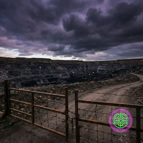 A dark, menacing open-pit graphite mine blocked by a rusted iron gate and barbed wire, symbolizing the new trade barrier.