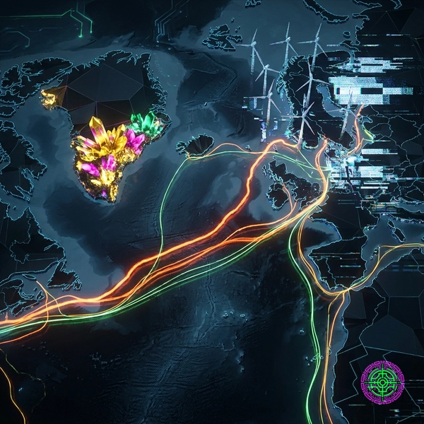 An abstract visualization connecting a glitching, static United States offshore wind farm to glowing, neon mineral veins in Greenland, symbolizing the transfer of value.