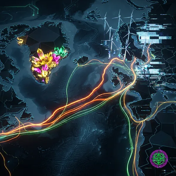 An abstract visualization connecting a glitching, static United States offshore wind farm to glowing, neon mineral veins in Greenland, symbolizing the transfer of value.