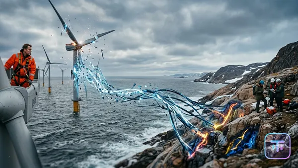 Eine abstrakte Visualisierung, die einen fehlerhaften, statischen US-Offshore-Windpark mit leuchtenden Neon-Mineraladern in Grönland verbindet und den Werttransfer symbolisiert.