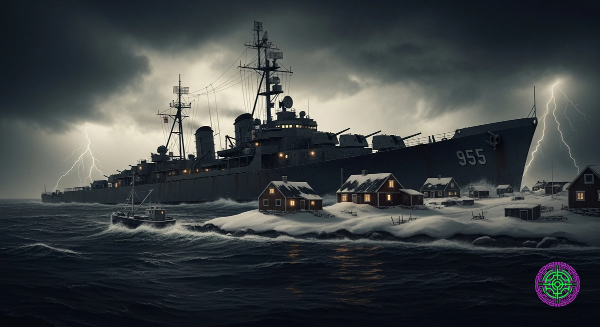 A cinematic, dark depiction of a US destroyer looming over a Greenlandic fishing village in a storm, stylized with 1930s propaganda aesthetics.