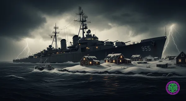 A cinematic, dark depiction of a US destroyer looming over a Greenlandic fishing village in a storm, stylized with 1930s propaganda aesthetics.