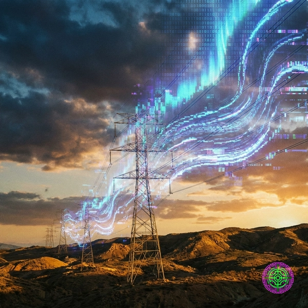 A high-contrast photo of high-tension power lines fading into a digital void, symbolizing the disconnect between physical infrastructure and digital demand.