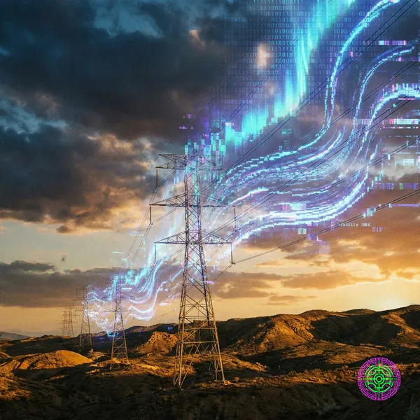 A high-contrast photo of high-tension power lines fading into a digital void, symbolizing the disconnect between physical infrastructure and digital demand.