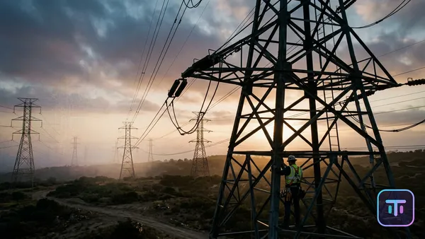 Ein kontrastreiches Foto von Hochspannungsleitungen, die in einer digitalen Leere verschwinden und die Diskrepanz zwischen physischer Infrastruktur und digitaler Nachfrage symbolisieren.
