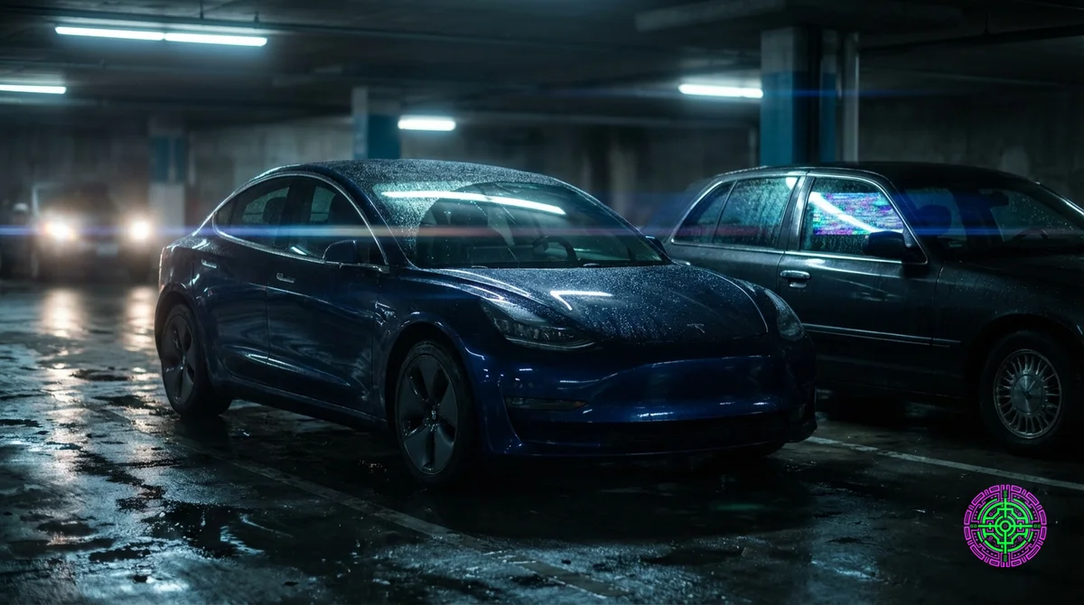 Kinoreife Nahaufnahme eines Tesla Model 3 in einem regennassen städtischen Parkhaus mit dramatischen Spiegelungen auf nassem Beton