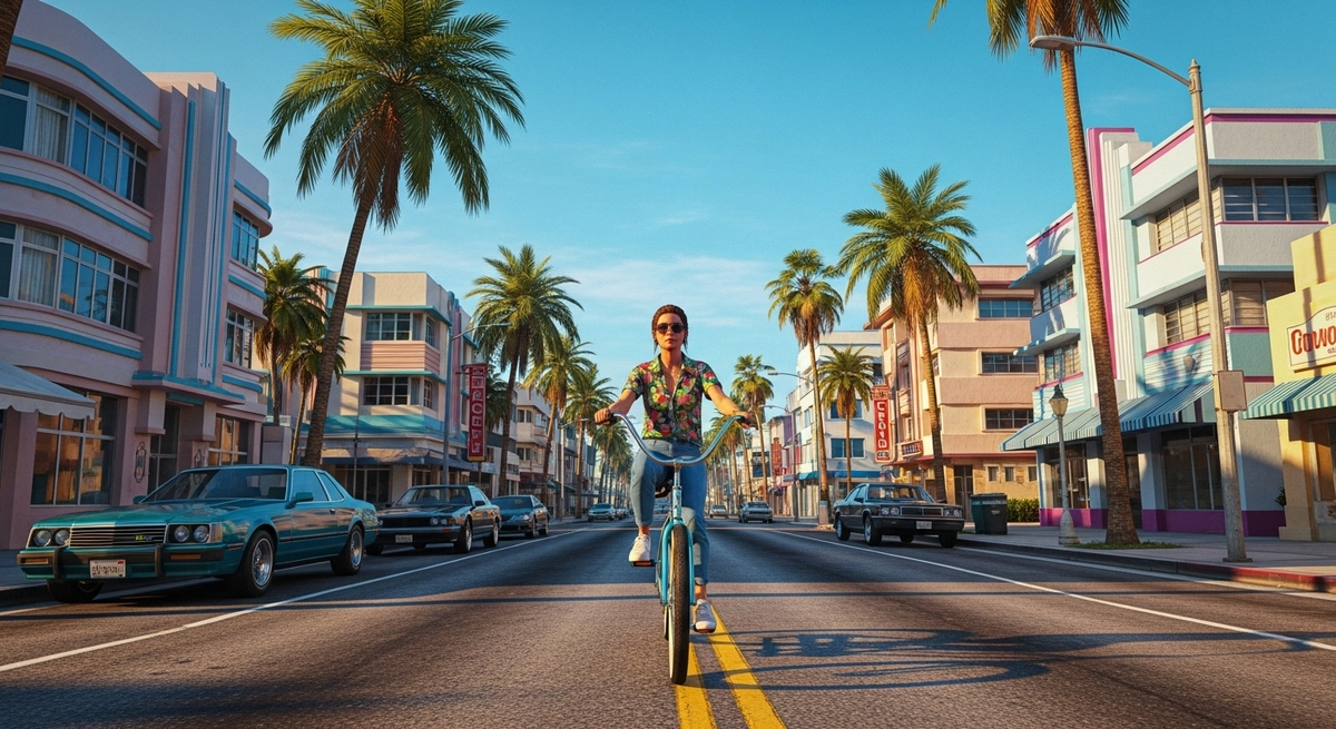 Digitale Kunst einer Figur, die in einer sonnigen, von Vice City inspirierten Umgebung Fahrrad fährt