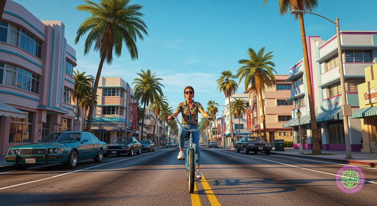 Digital art of a character riding a bicycle in a sunny, Vice City-inspired setting