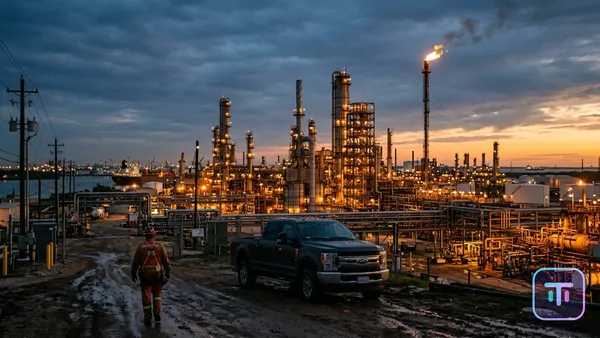 A massive Gulf Coast oil refinery complex glowing under twilight golden hour lighting, symbolizing industrial power.