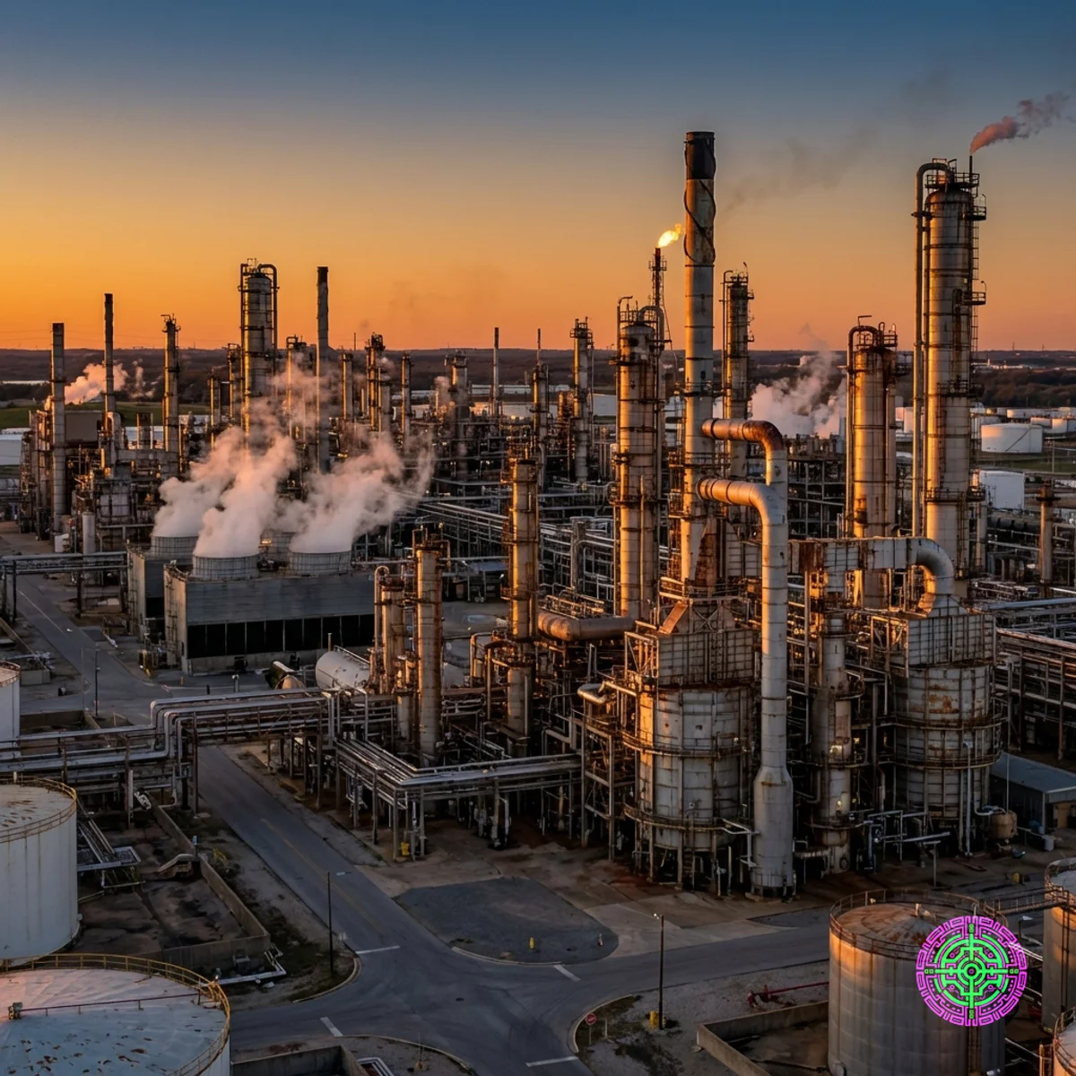 Un immense complexe de raffinerie de pétrole de la côte du golfe du Mexique brillant sous la lumière dorée du crépuscule, symbolisant la puissance industrielle.