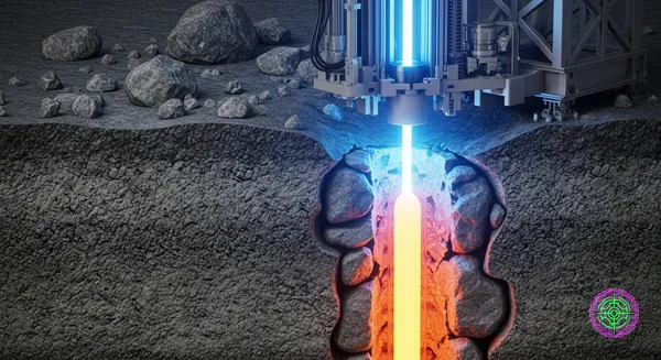 A cross-section showing a beam of millimeter waves vaporizing rock into a glass-lined borehole deep underground.