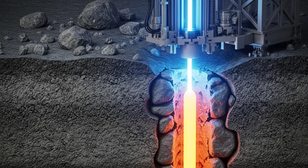 A cross-section showing a beam of millimeter waves vaporizing rock into a glass-lined borehole deep underground.