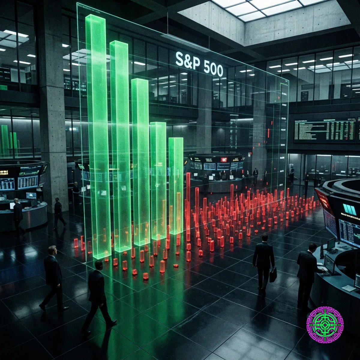 A futuristic stock exchange floor with a few massive green holographic bars and hundreds of tiny red ones.