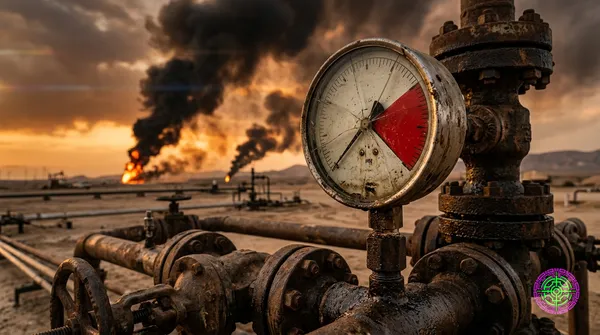 Cinematic close-up of a massive industrial pressure gauge mounted on a rusted steel wellhead pipe in a Middle Eastern desert at dusk, the gauge needle pegged deep in the red danger zone, with distant orange fire glow and black smoke columns on the horizon behind it