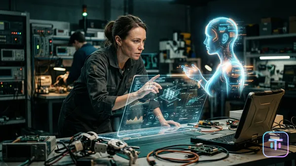 A futuristic human engineer collaborating with a glowing digital AI avatar on a holographic interface.